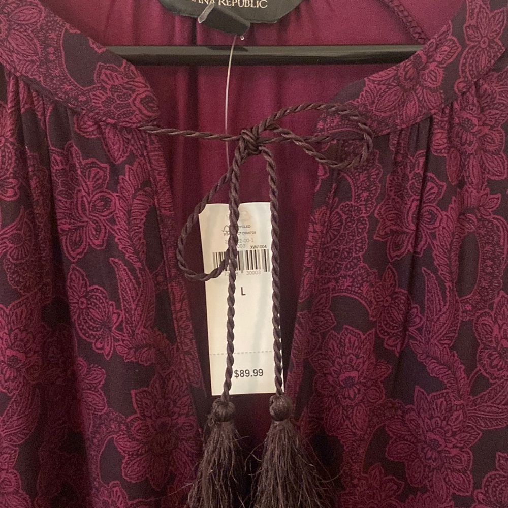 Banana Republic wine & black dress w keyhole neck & fringe tie L NWT PTP 23 - Picture 5 of 16